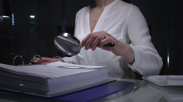Businesswoman conducting detailed audit checking financial spreadsheets using magnifying glass with laptop and documents on desk. Audit and taxes concept
