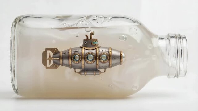 Surreal vintage submarine model floating inside a transparent glass bottle with water droplets