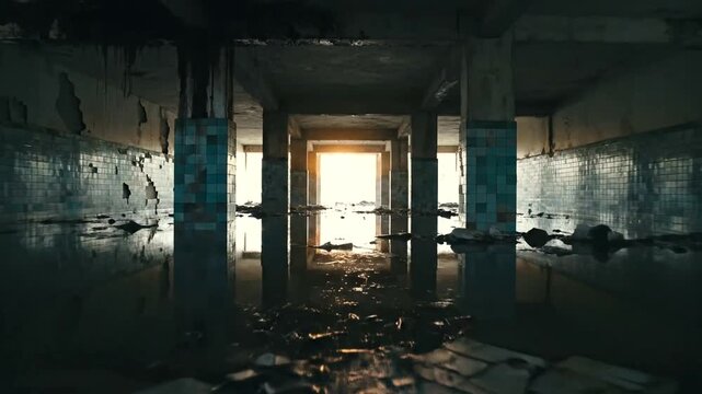 Abandoned Industrial Building Interior With Columns.