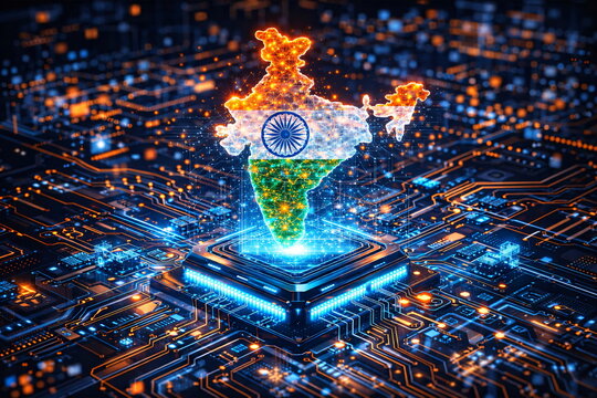 Futuristic Digital India Map Emerging from Microchip Processor on Advanced Circuit Board, Artificial Intelligence and Semiconductor Technology Concept, Glowing Data Network Visualization, High Tech In