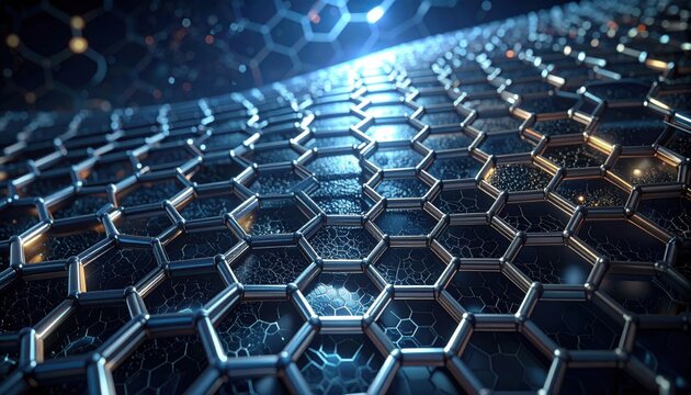 Illuminated interlocking hexagonal carbon nanotubes forming an abstract microscopic structure with intricate details and a futuristic glow, showcasing advanced material science concepts.