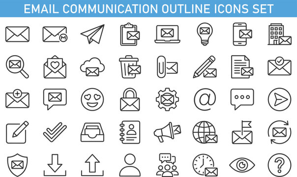 email communication outline icons set, mail message interface symbols collection, digital messaging vector icons, email marketing communication elements, online mail service UI icons