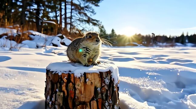 Small Rodent Sitting on Snow Covered Tree Stump in Winter Landscape