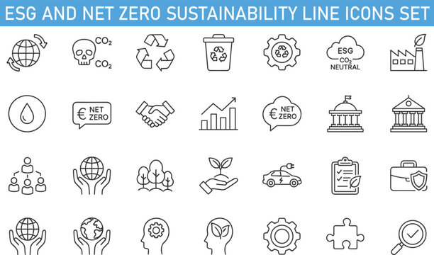 ESG and net zero sustainability line icons set, carbon neutral strategy, CO2 reduction, green energy policy, environmental governance vector illustration collection