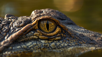 Fototapeta premium Crocodile Eye Close Up. Extreme close-up photo of a crocodile eye with detailed textured scales surrounding the eye, yellow-green iris with vertical pupil, natural light reflecting on the wet reptile 