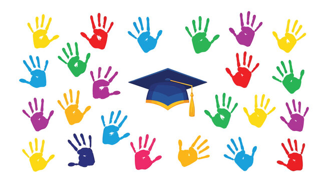 Set of 20 colorful handprints and graduation cap vector icons