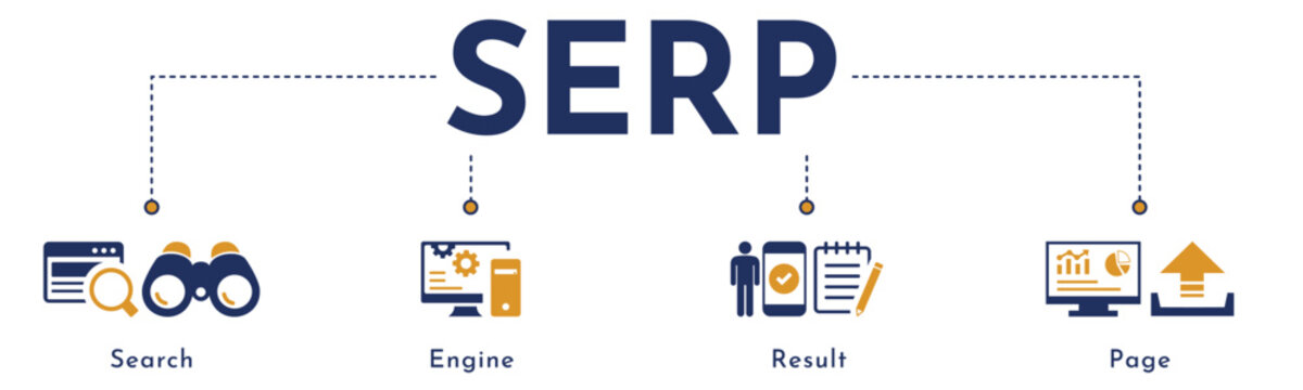 SERP website banner vector illustration with an icons of search, engine, result, page.