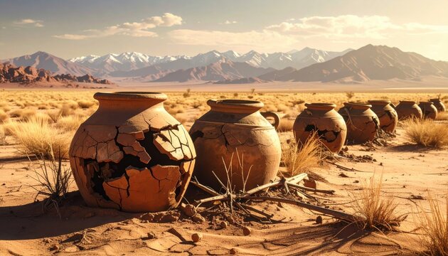 Ancient cracked and mended clay storage urns half buried in dry desert sand with mountains in the background