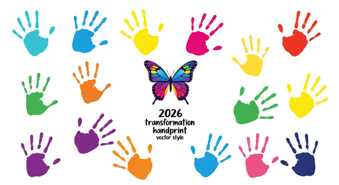 Set of 16 colorful handprint icons with butterfly, vector
