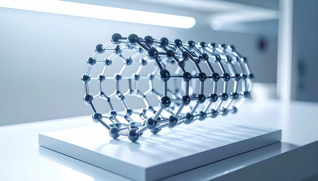 Intricate carbon nanotube molecular structure model presented on a clean surface with soft lighting