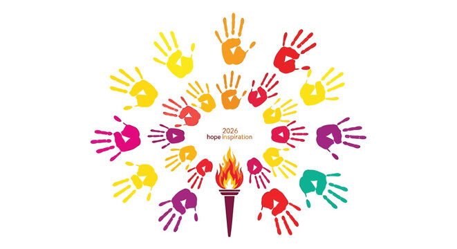 Set of colorful hand prints around a torch vector