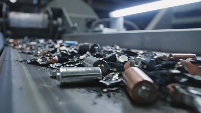 Industrial conveyor belt processing discarded batteries for recycling and waste management
