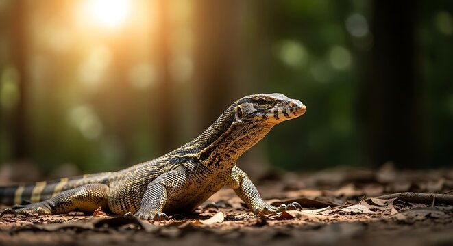 Lizard basking in forest sunlight warmly.