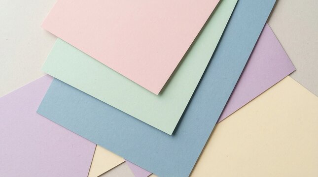 Stack of colorful pastel paper sheets in pink blue green purple and beige arranged diagonally on a white background for creative design or crafting