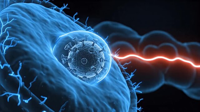 Abstract 3D Animation of a Coronavirus Particle with Spikes in Blue Tones Against a Dark Biological Background Suitable for Medical Education and Science Presentations