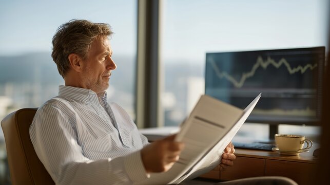 Senior investor watching stock ticker tape numbers plummet on large monitor while clutching printed portfolio statements, coffee cup knocked over on mahogany desk in bright morning sunlight