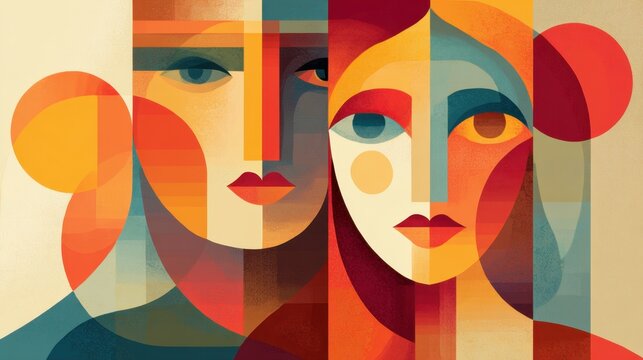 Colorful duo portraits arranged in flat geometric backdrop