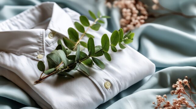 Clean linen shirt with eucalyptus branch on pale robin's egg blue background