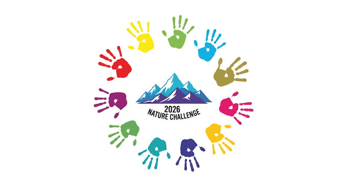 Vector illustration of colorful handprint circle with mountain logo