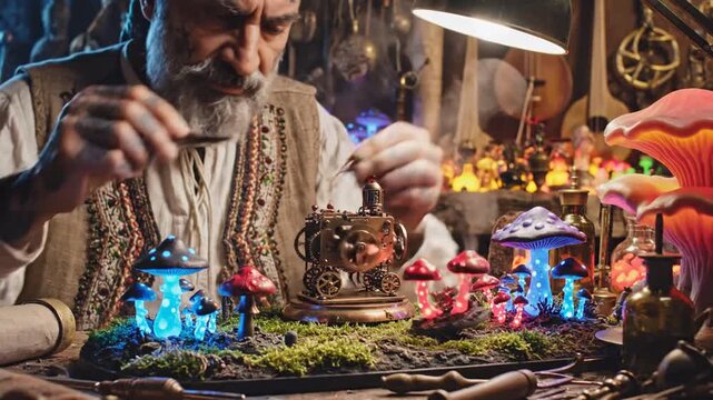 Tattooed artisan repairing steampunk device amidst glowing mushrooms in workshop