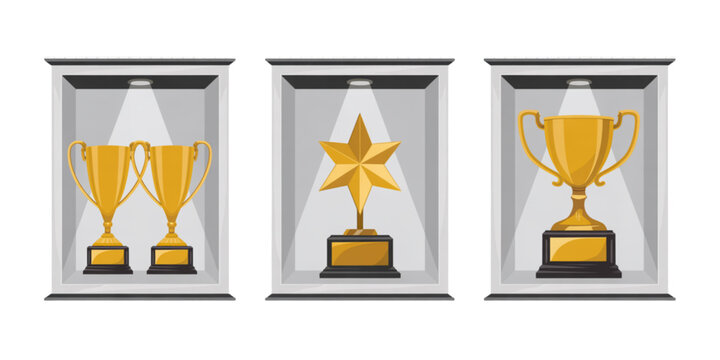 A vector graphic illustration of three golden trophies and one star award in display cases on transparent background