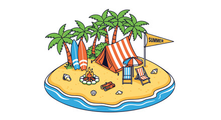 Obraz premium Vector illustration of a beach island with tent and palm trees