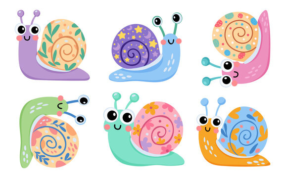 A set of flat vector illustrations in a simple children's style. Cute snails of different colors and shell ornate