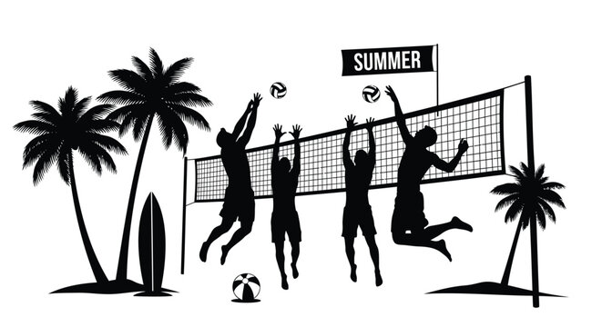 Vector illustration of 4 people playing beach volleyball in summer