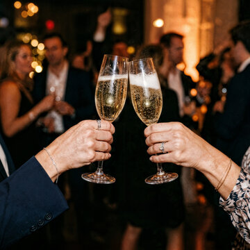 Two hands with glasses of champagne cheering, celebrating new year's eve, toast, cheering, wedding and birthday, special event, celebrating together, party, anniversary, sparkling wine