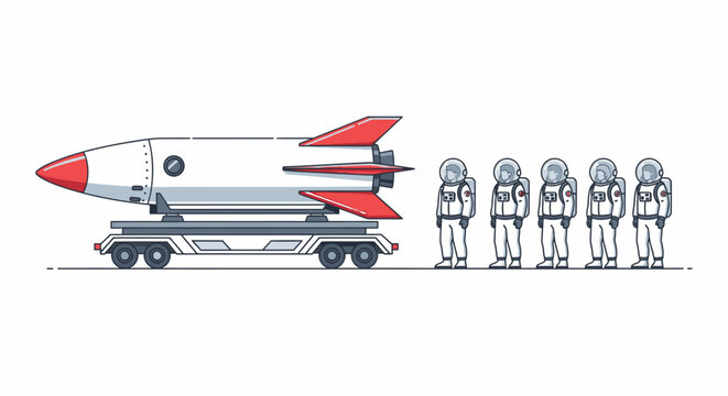 Retro rocket on a launchpad with astronauts standing in a line, vintage space exploration concept