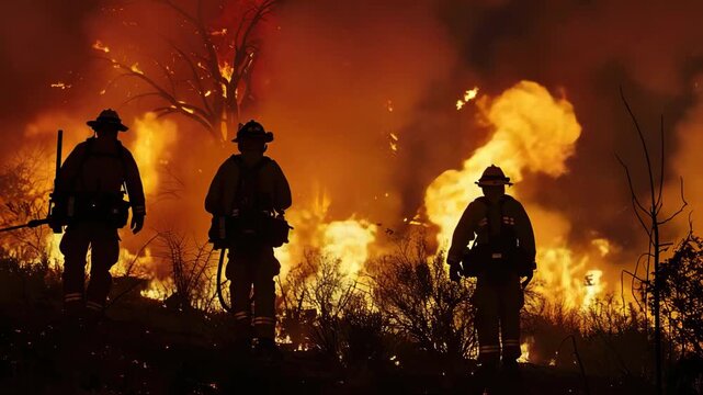 Firefighters walking towards a raging forest wildfire