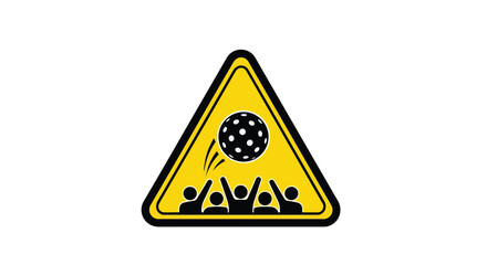 Obraz premium Graphic illustration of a yellow warning sign with a black border and white background depicting people under a falling object.