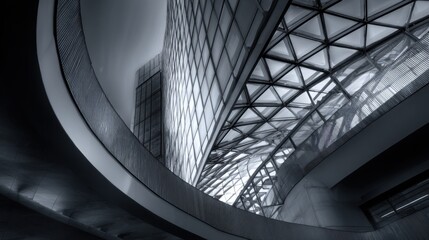 Fototapeta premium Curved glass atrium framing skyscraper in urban interior