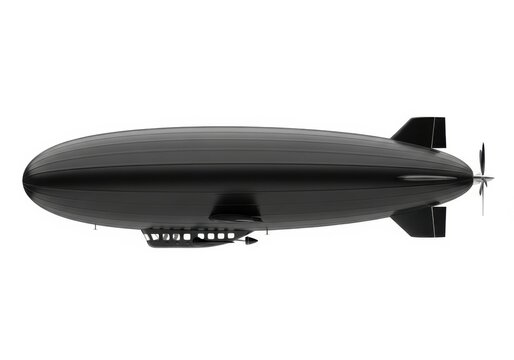 Black zeppelin airship flying in the sky with a white background