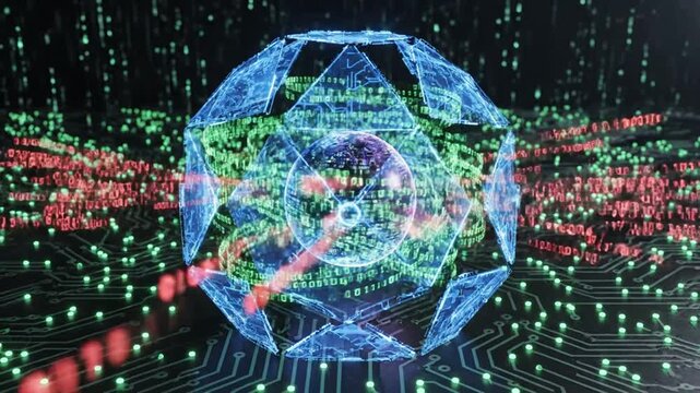 Glowing sphere with binary code on circuit board background