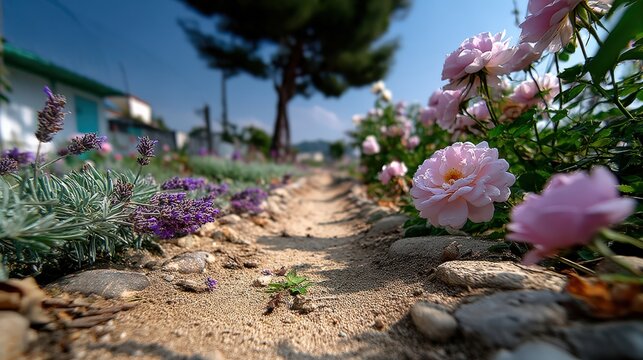 Serene spring garden path under pale robin's egg blue sky