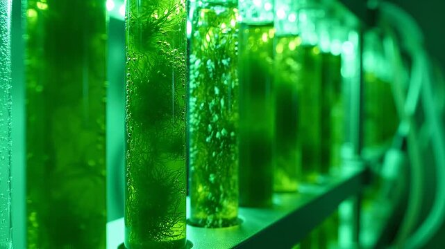 Rows of green algae cultures growing in laboratory test tubes under bright lights