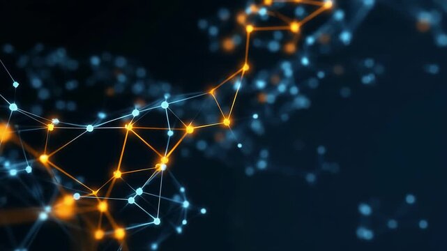 Abstract digital network with glowing blue and orange nodes connected by lines on a dark background. Concept of technology, data, artificial intelligence, blockchain, and communication