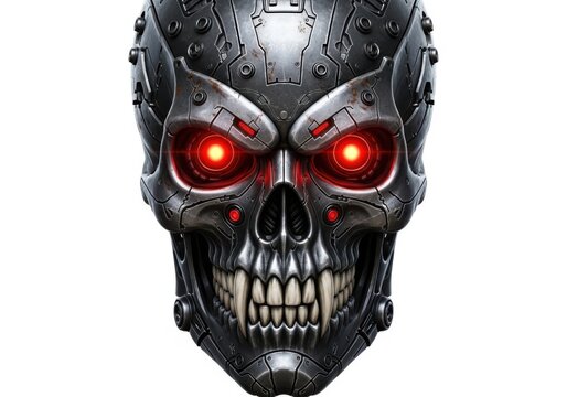 Cybernetic skull robot head with red glowing eyes isolated on white background