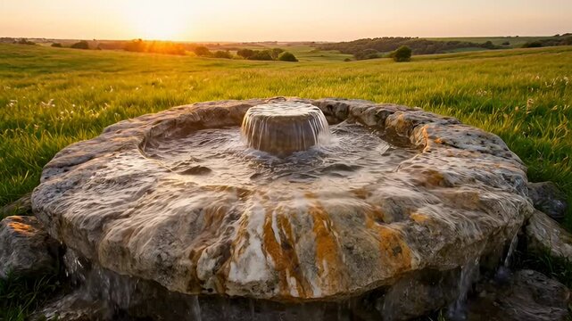 Ancient Stone Water Fountain in Open Field at Sunset with Warm Lighting and Natural Landscape