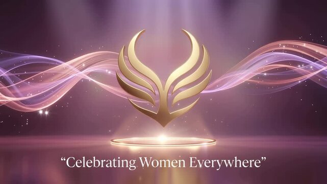 Golden abstract wing emblem animating on glowing pedestal with ethereal waves, sparkling particles, celebrating women, inspiring motion video.