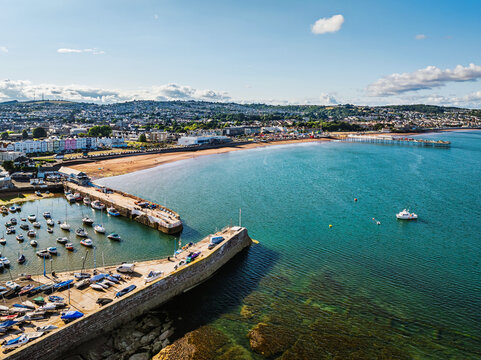 Paignton Pier and Beach from a drone, Paignton, Devon, England, Europe
