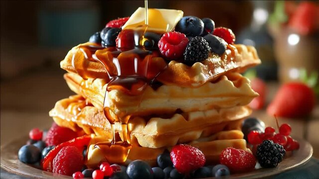 Stack of golden waffles topped with fresh berries, butter, and maple syrup. Delicious breakfast, sweet dessert, homemade comfort food, brunch treat, appetizing and inviting meal