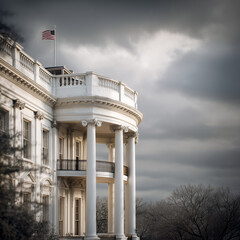 Obraz premium The White House South Portico under a dramatic stormy sky with the American flag waving. Patriotic architectural photography of the United States presidential residence in Washington DC