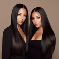 Portrait of two beautiful women with long straight black hair and healthy glowing skin. Concept for hair care, salon professional treatments, luxury beauty and extensions