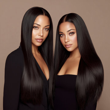 Portrait of two beautiful women with long straight black hair and healthy glowing skin. Concept for hair care, salon professional treatments, luxury beauty and extensions
