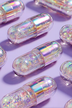 Holographic iridescent capsules filled with sparkling glitter on a purple background. Creative concept of magic pills, futuristic medicine, beauty supplements, and fantasy drugs