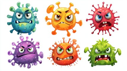 Obraz premium Angry cartoon microbes exhibiting hostile expressions on white