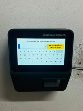 Germany, Paderborn, March 05. 2026, A Scheidt Bachmann terminal used for entering license plate numbers
