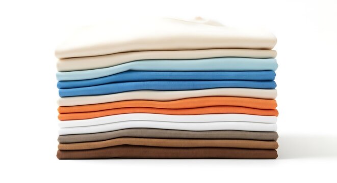 A neat stack of freshly laundered and folded clothes in a vibrant array of colors, from cool blues to warm browns, symbolizing organized comfort and quality textiles for everyday living